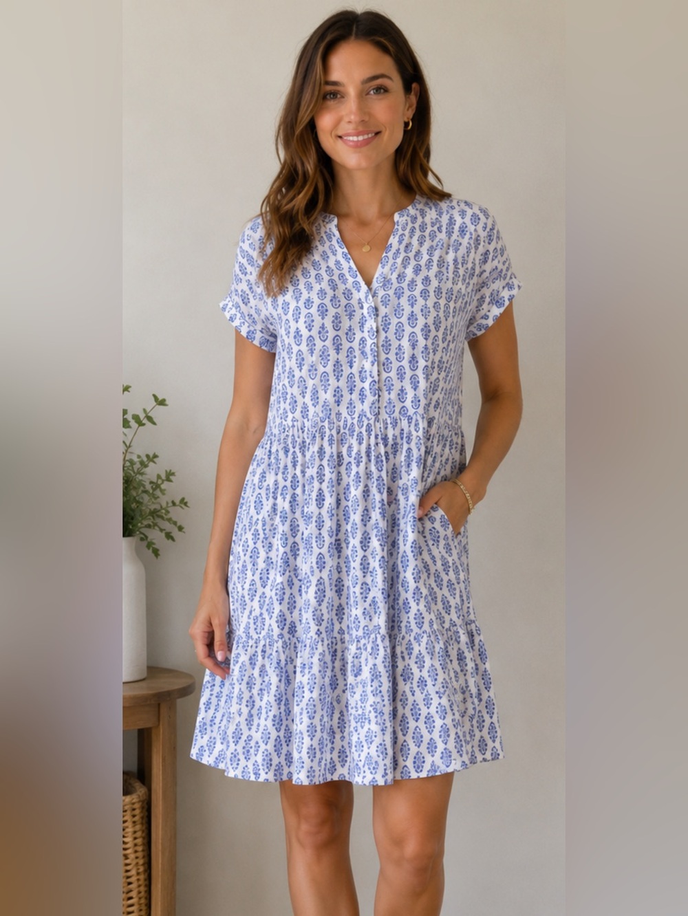 H&M White Dress with Paisley Viscose Blue Print Dress size medium - Picture 5 of 10